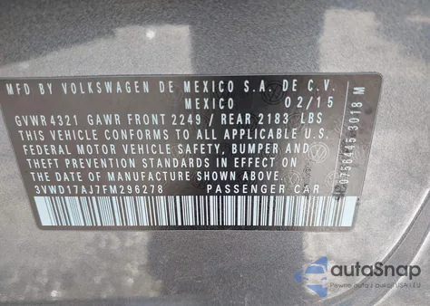 2015 Volkswagen Jetta 1.8T Se из США, поврежденный, VIN 3VWD17AJ7FM296278